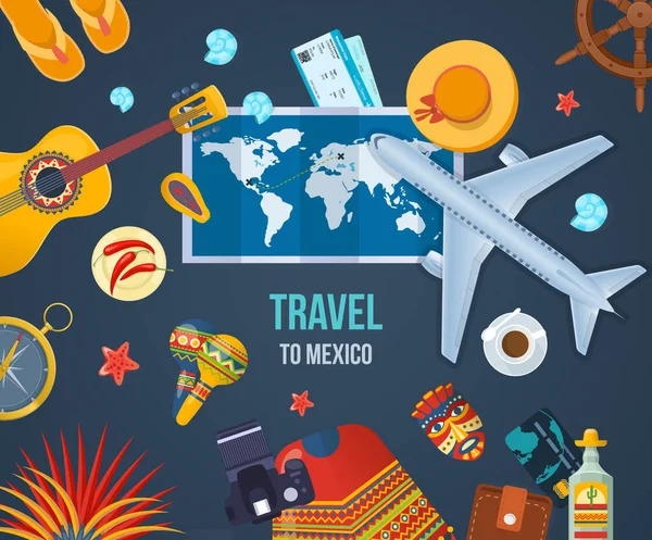 Zomer reizen naar Mexico. Reis, reizen met het vliegtuig de lucht, reis. — Stockvector