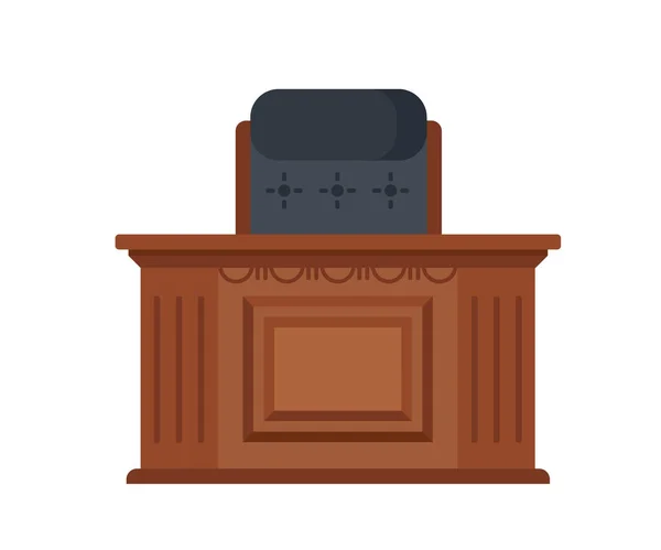 Lugar de trabajo del juez, mesa tallada en madera y una silla de trabajo . — Vector de stock