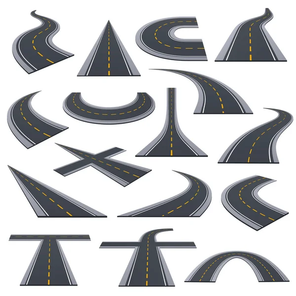 Conjunto de varios tipos de carreteras asfaltadas, pista, carreteras, vueltas . — Vector de stock