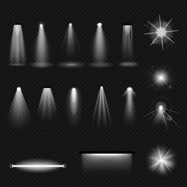 Set sorgenti luminose, illuminazione: lampade ad incandescenza, alogeni, fluorescenti, proiettori, ultravioletti . — Vettoriale Stock