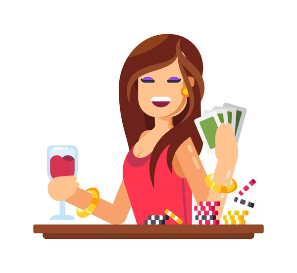 Femme jouant au jeu, jeux de cartes. Casino, poker, chiffre d'affaires . — Image vectorielle