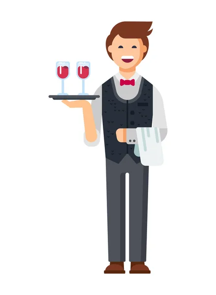 Restaurant waiter, in branded clothes takes the order, brings drinks. — Stock Vector