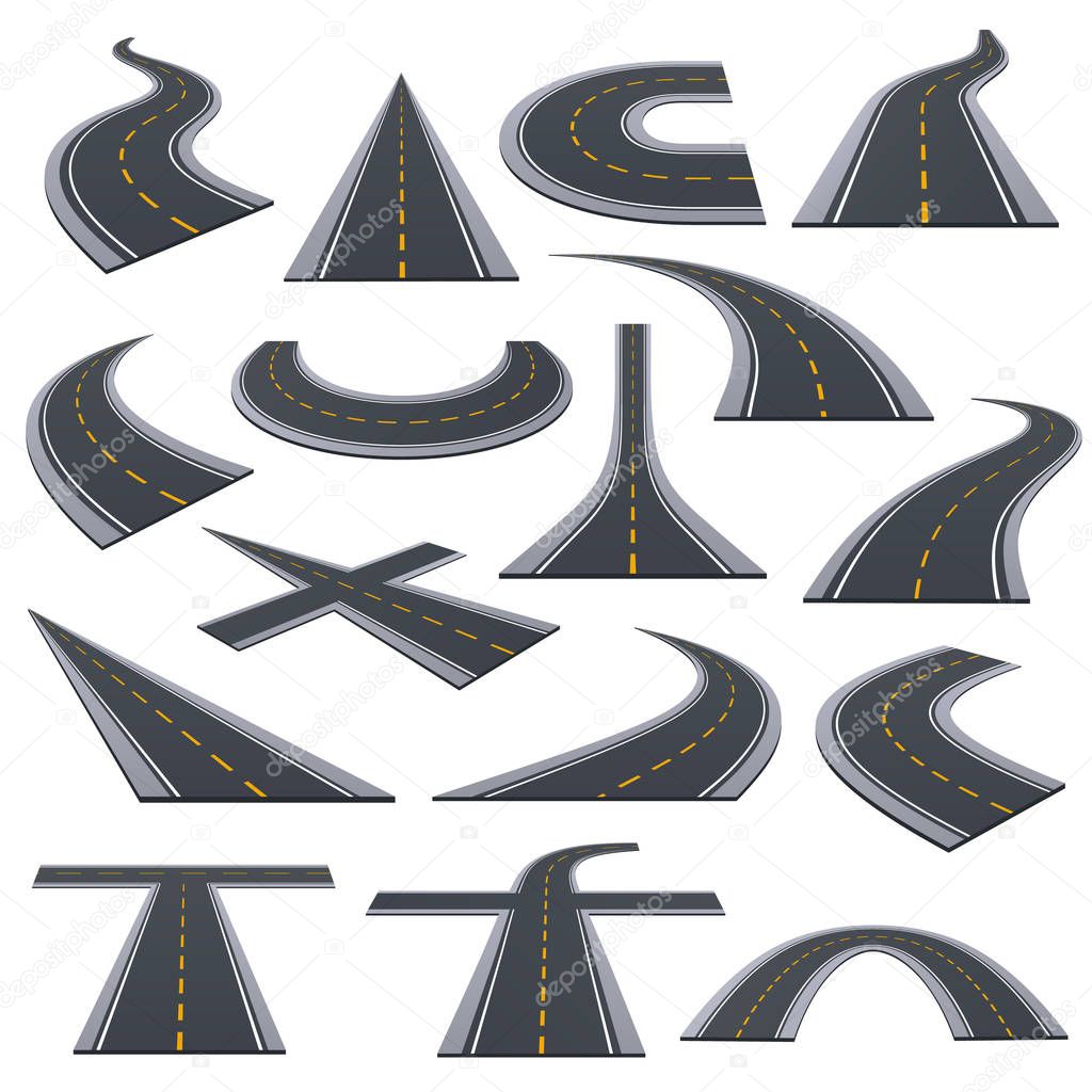 Set of various types of asphalted roads, track, highways, turns.