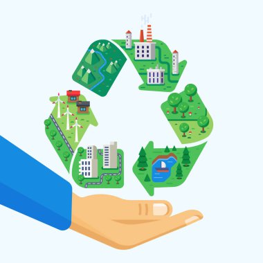 Çevre koruma. Temiz şehir, manzara, wasteless üretim, fabrikalar, yel değirmenleri.