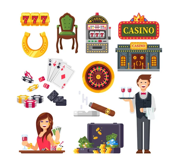 Casino Las Vegas. Tipos de dinero: tarjetas, monedas, billetes, ruleta . — Archivo Imágenes Vectoriales