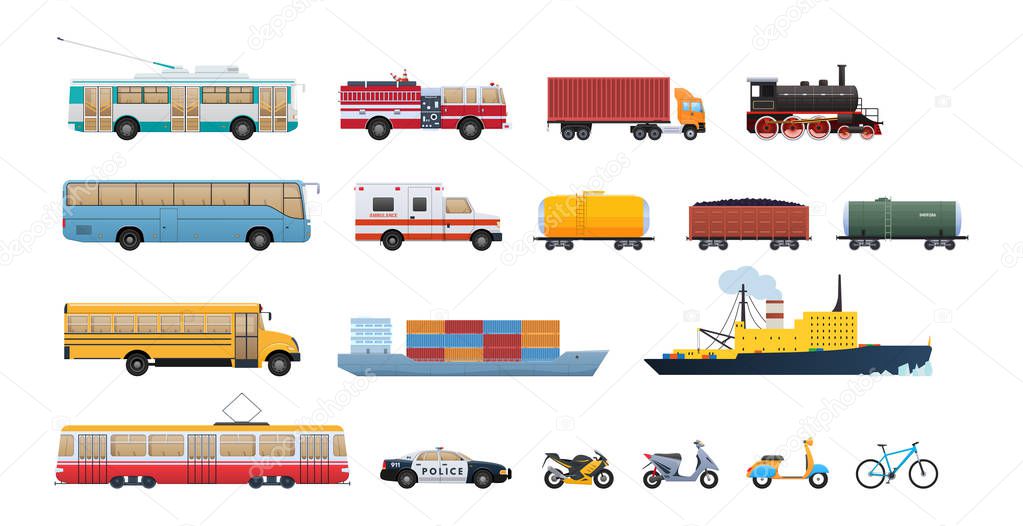 Transport, cars, water vehicle, railway transport train, tram, bicycle, scooter.