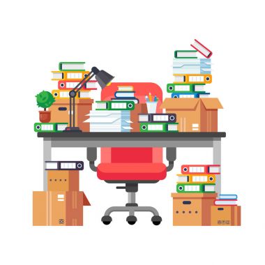 Office çalışma alanı ile kağıt evrak ve dosya klasörleri yığını.