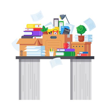 Office çalışma alanı ile kağıt evrak ve dosya klasörleri yığını.