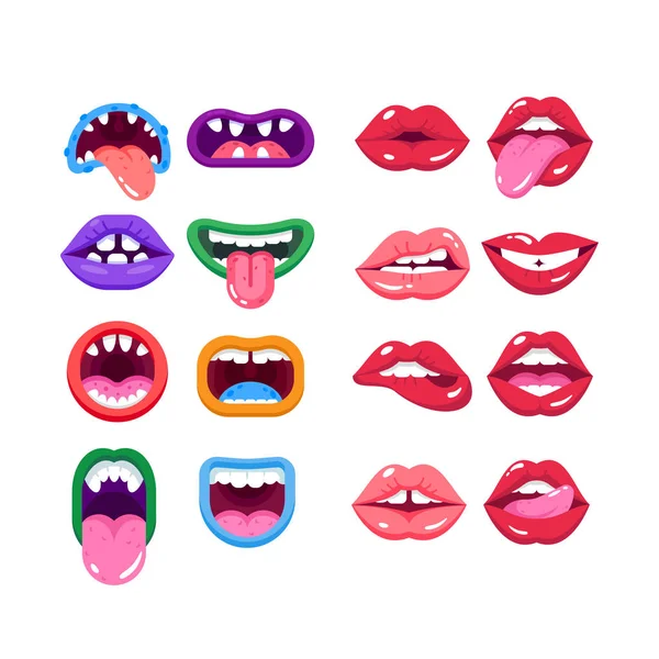 Set bande dessinée monstre bouche avec des dents, réaliste femme humaine lèvres . — Image vectorielle