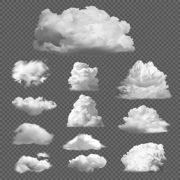Collection big set of realistic white clouds on transparent background. — Stock Vector
