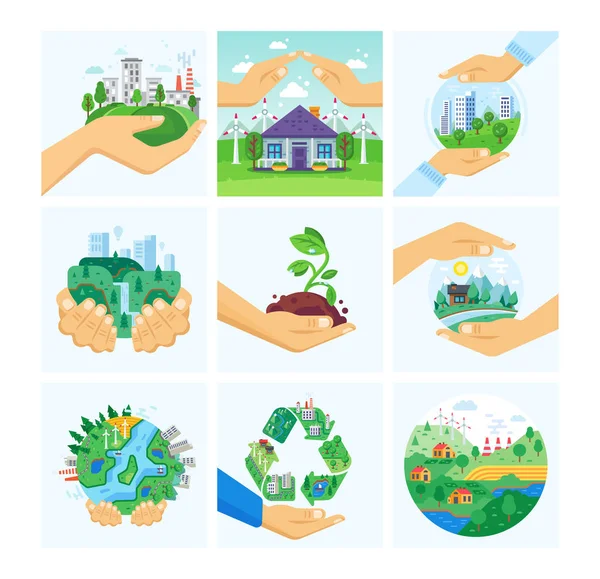 Set of protection environment. Clean city, reservoirs, landscape, alternative resources. — Stock Vector