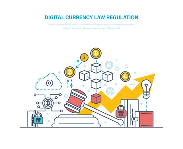 Regulierung digitaler Währungen. Finanzgeschäfte mit Kryptowährungen, Währung Bitcoin. — Stockvektor