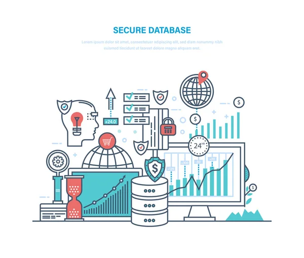 Base de dados segura. Proteção de dados, arquivos de backup, arquivos de informações, servidor de mídia . —  Vetores de Stock