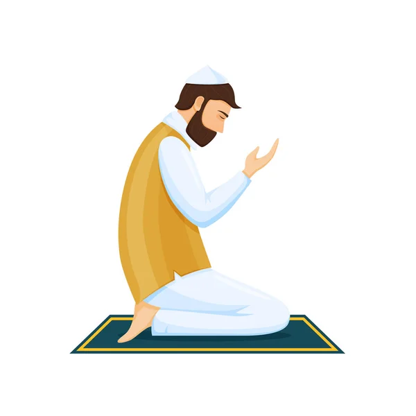 Man praying on knees, communicating with God, with eyes closed. — Stock Vector