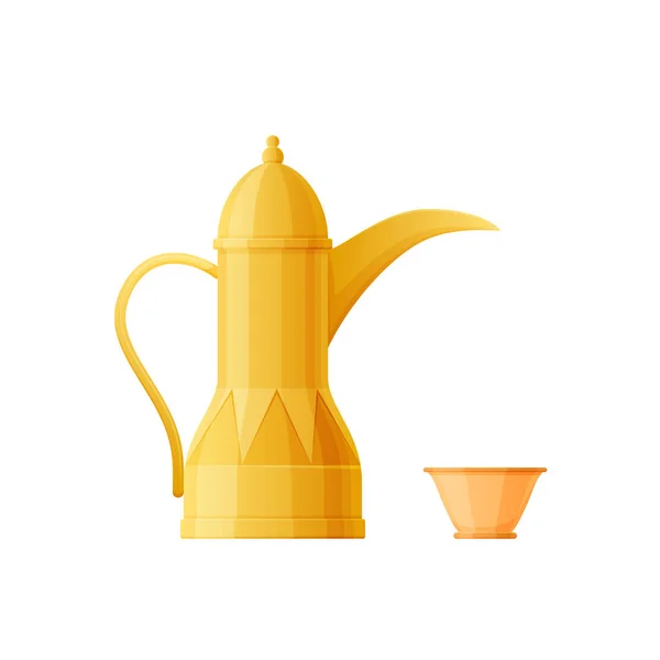 Tradicional árabe, bebida islámica, cafetera y taza, tetera de oro . — Archivo Imágenes Vectoriales