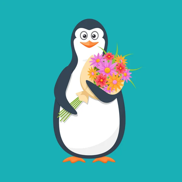 Pingüino gracioso, pájaro antártico, con grandes flores de ramo y sonrisa . — Archivo Imágenes Vectoriales