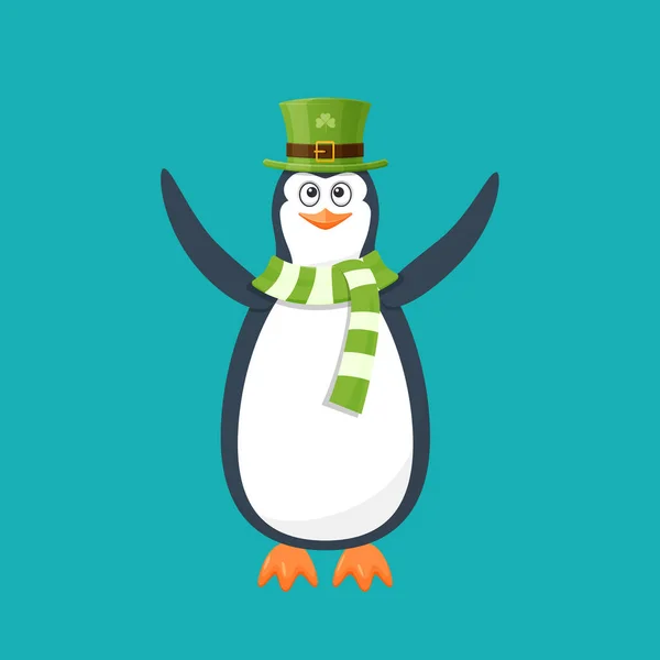 Pinguim engraçado, pássaro antártico, de chapéu, cachecol. Férias Saint Patrick . — Vetor de Stock