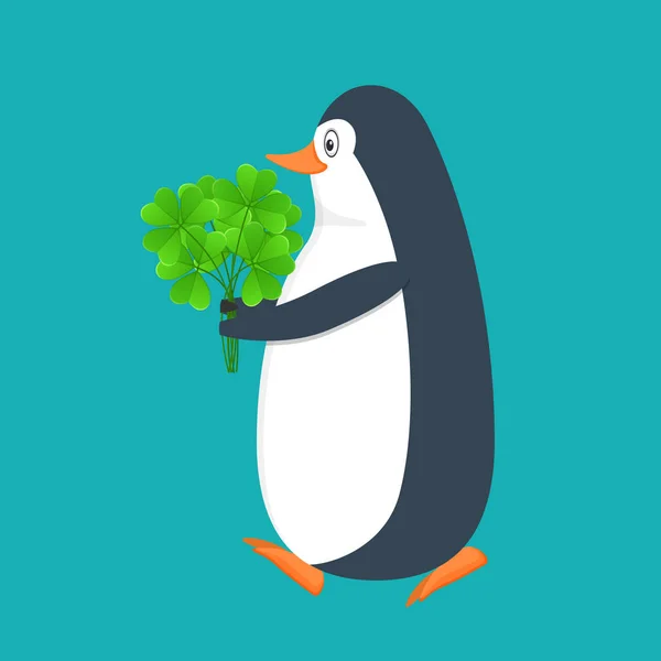 Pinguim engraçado, pássaro antártico, com buquê de trevo. Férias Saint Patrick . — Vetor de Stock