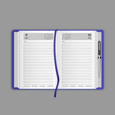 Şablon, düzen, gerçekçi defter, ajanda, not defteri, office kitap, yer işareti ile.