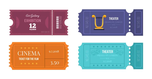Комплект билетов на различные мероприятия: театр, кино, художественная галерея . — стоковый вектор