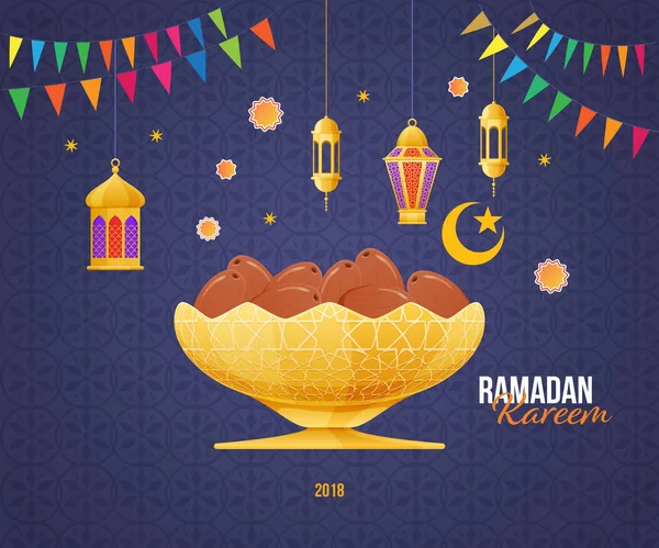 Ramadan Kareem greeting card with picture fruit in gold bowl. — Stock Vector