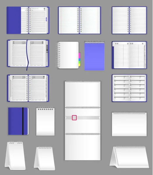 Set di modelli, layout, quaderno realistico, organizzatore, blocco note, quaderno d'ufficio . — Vettoriale Stock