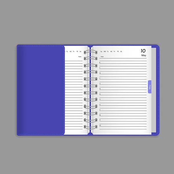 Plantilla, diseño, hermoso cuaderno realista, organizador, bloc de notas, libro de oficina . — Archivo Imágenes Vectoriales