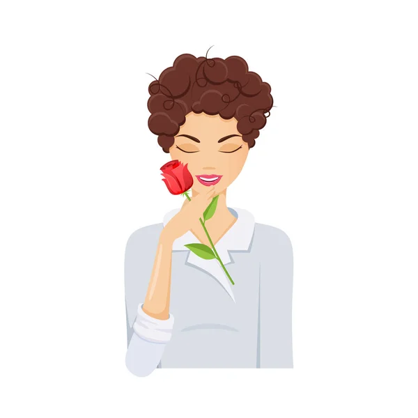 La ragazza, toccando il fiore, confronta la pelle liscia con petali di fiori . — Vettoriale Stock