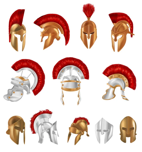 Realistische Spartaans oud-Grieks Romeinse helm. Zilveren en bronzen beschermende. — Stockvector