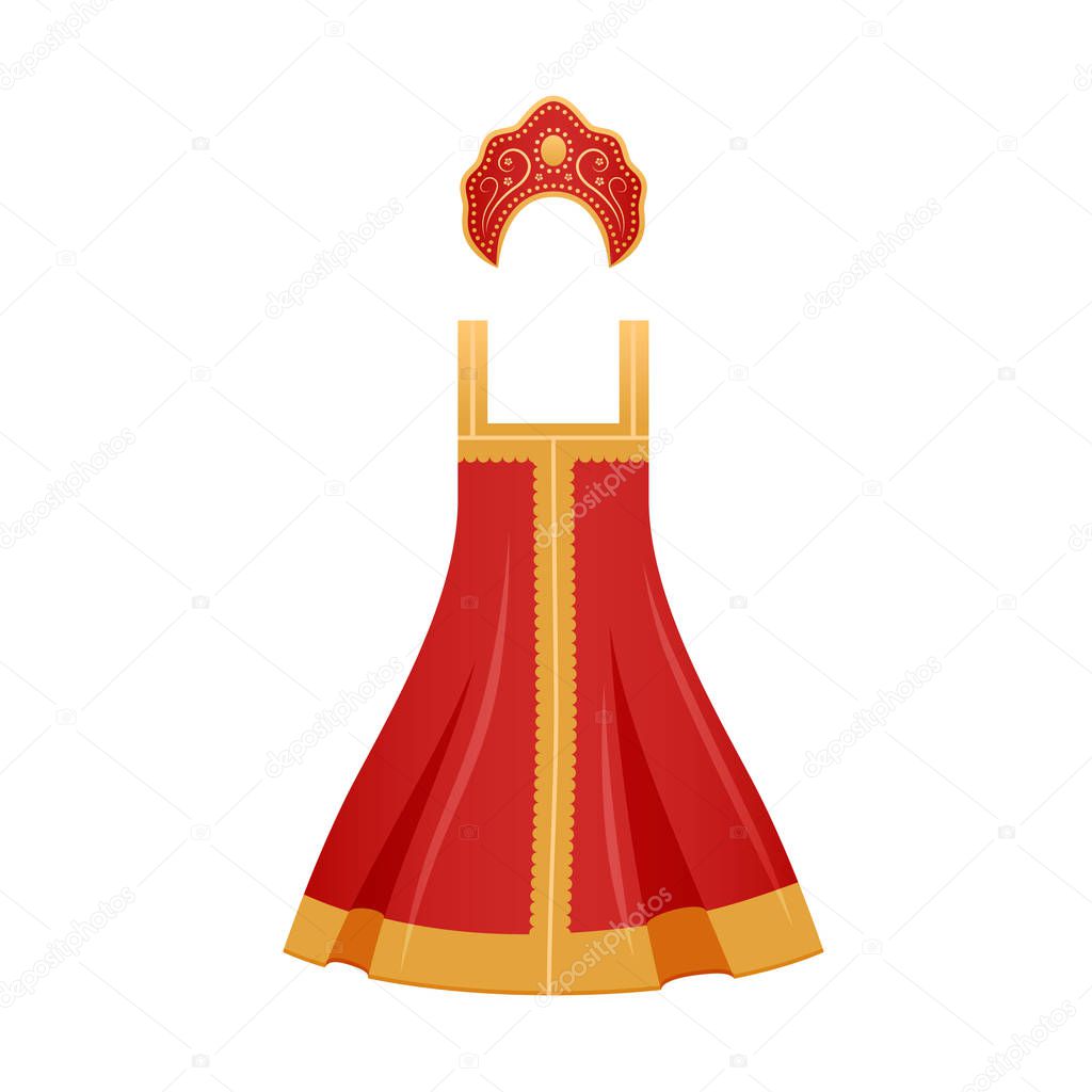 Traditional Russian national clothes, womens elegant dress and decorated kokoshnik.