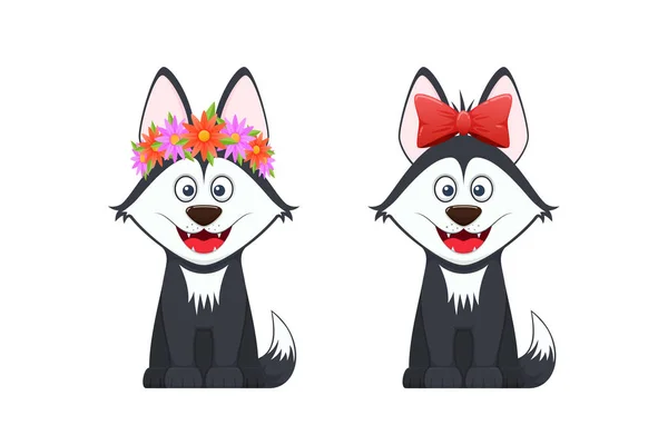 Stylowe psów z wieniec z kwiatów na głowie i czerwona kokarda. — Wektor stockowy