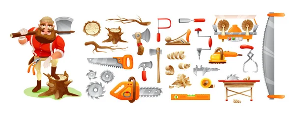 Lumberman cartoon character and tools. Forester, forestry woods industry — Stock Vector
