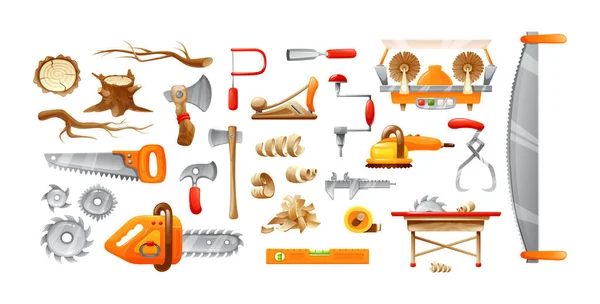 Lumberjack equipment, cutting tools set cartoon vector illustration — Stock Vector