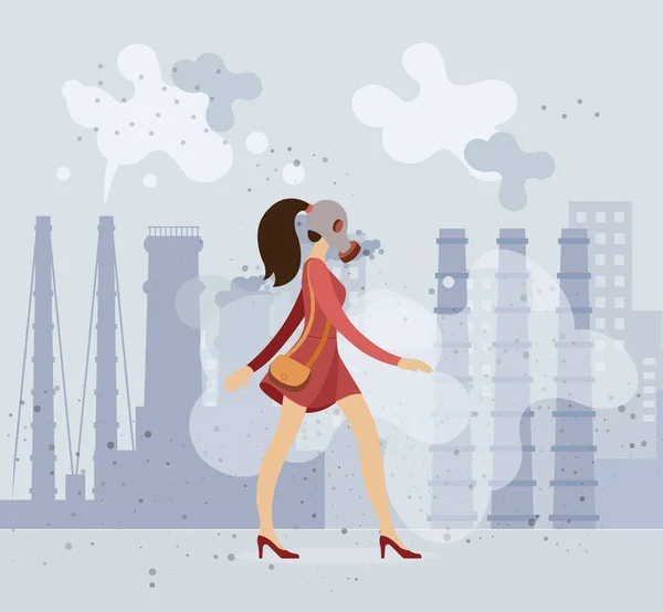 Beautiful girl in a gas mask walks along a dusty Stock Vector