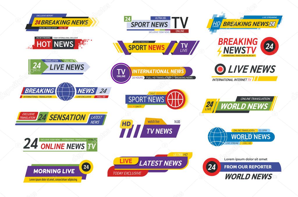 TV title news bar logos, news feeds, television, radio channels. Banner of live television broadcast media title, streaming show news sport channel media tv bar vector isolated