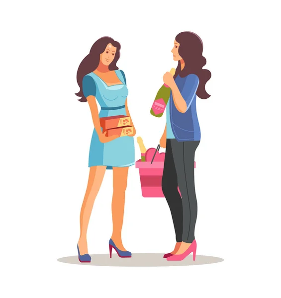 Twee vriendinnen samen winkelen in de supermarkt — Stockvector