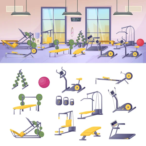 Fitness club de sport gymnase intérieur avec équipement et simulateurs — Image vectorielle