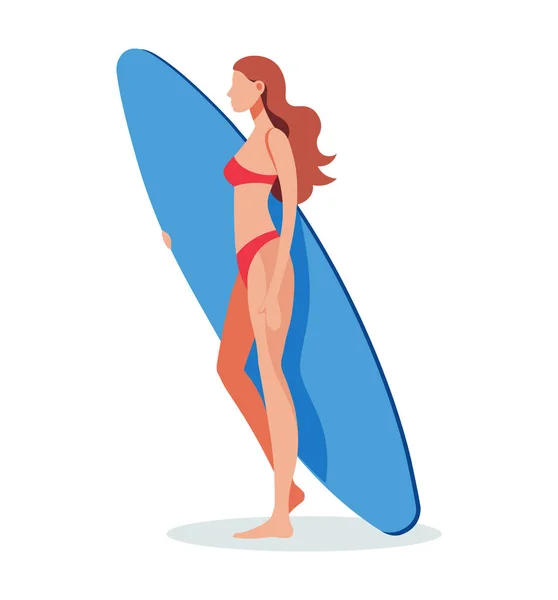 Chica joven surfista montando un vector de tabla de surf — Vector de stock