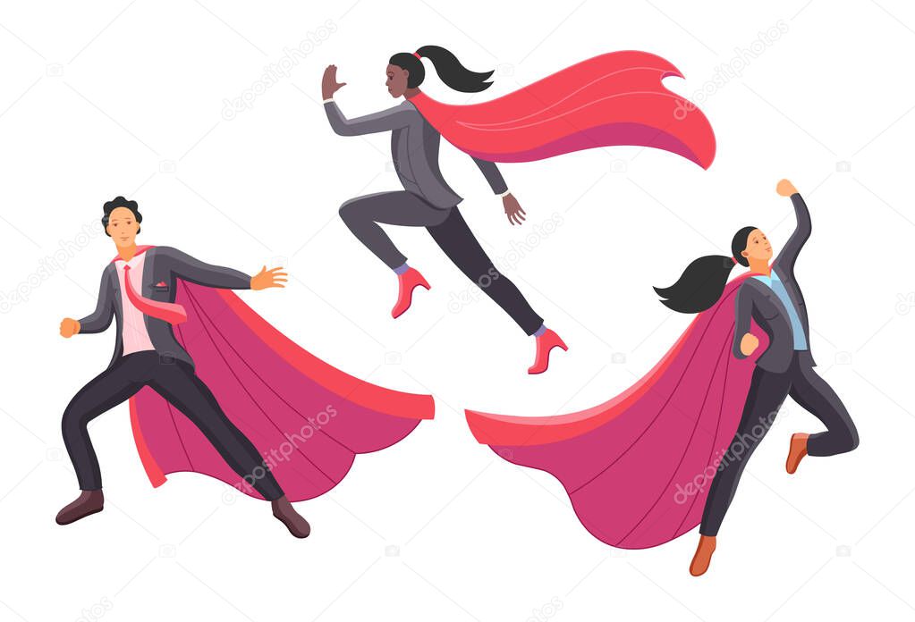 Set businessman and superwoman superhero actions running flight takeoff.