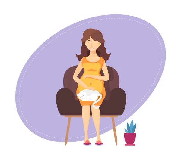 Schwangere sitzt mit Katze im Sessel — Stockvektor