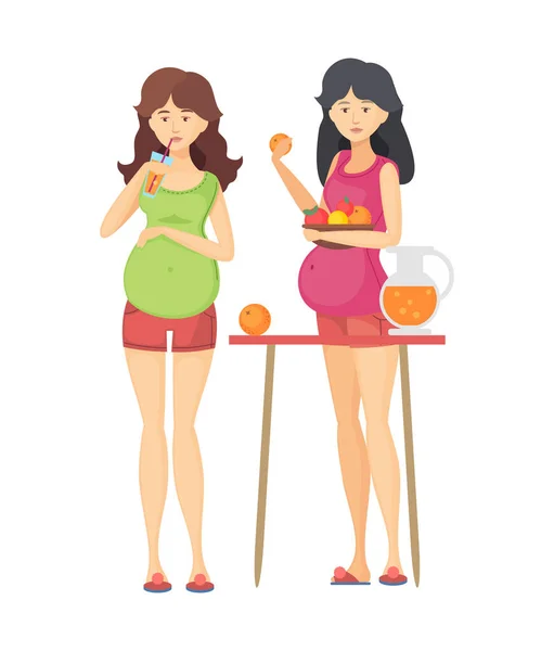 Duas mulheres grávidas bebem suco em vidro e comem laranjas . — Vetor de Stock