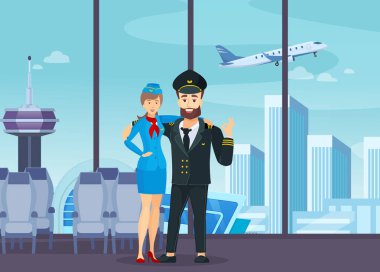 Uçak kaptanı ve üniformalı hostes.