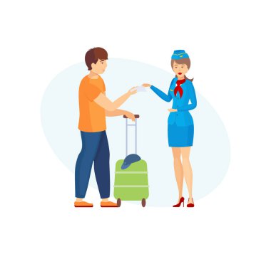 Bagajı olan genç bir adam hostese bilet gösteriyor.