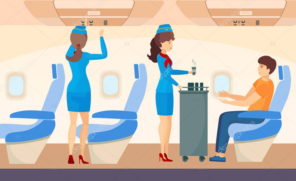 Airplane crew and airplane passengers cartoon vector
