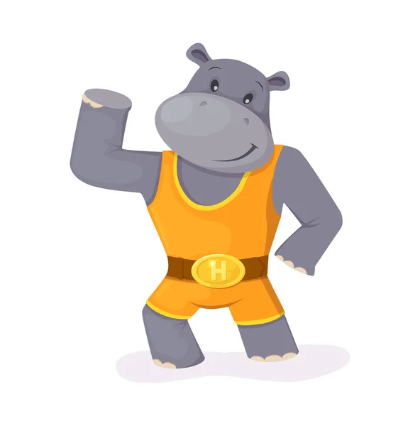 Cute character strong hippopotamus showing his hand strength — Stock Vector