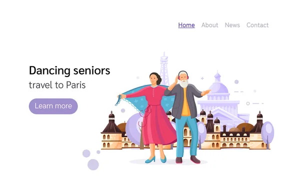 Viaje conjunto a París. Personas mayores bailando en la calle de la ciudad . — Vector de stock