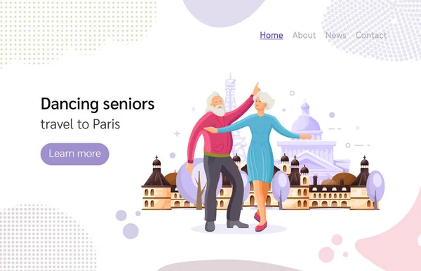 Viaje conjunto a París. Personas mayores bailando en la calle de la ciudad . — Vector de stock