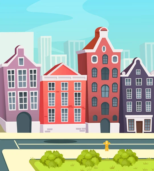 City street with vintage houses building cartoon facades. — Stock Vector