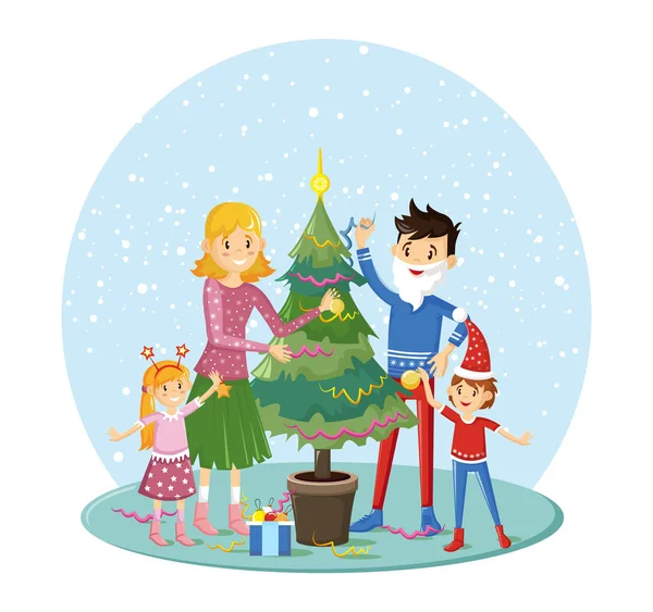 Family decorate Christmas tree together prepare for Xmas. — Stock Vector