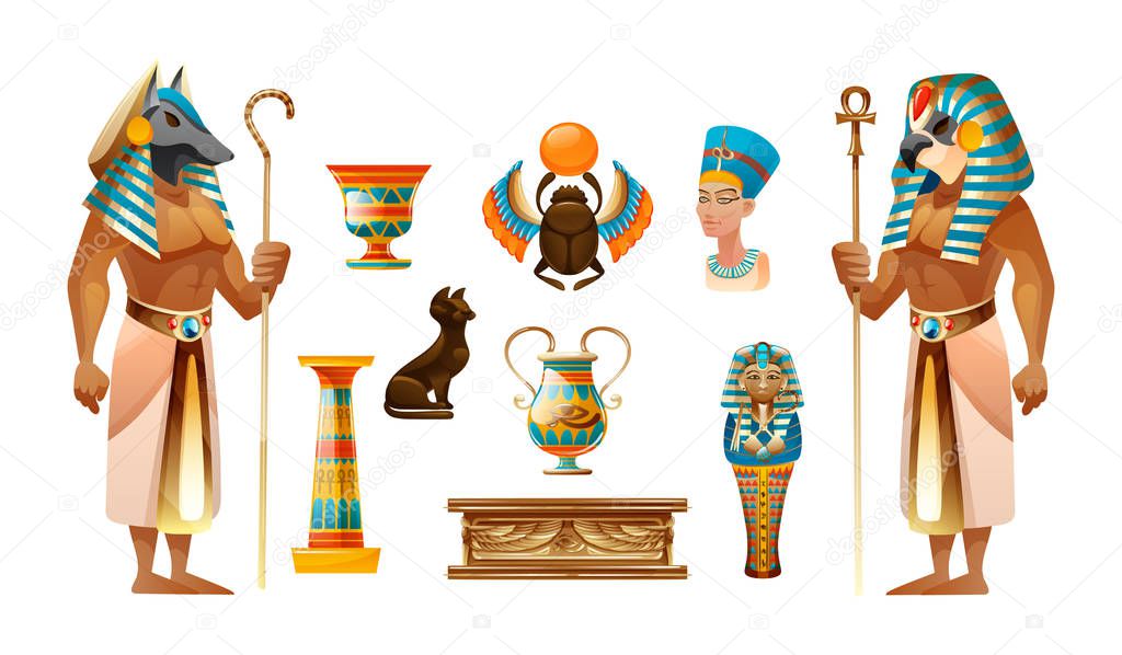 Egypt old symbols, sacred animals, pyramid, tomb, sarcophagus, cross vector